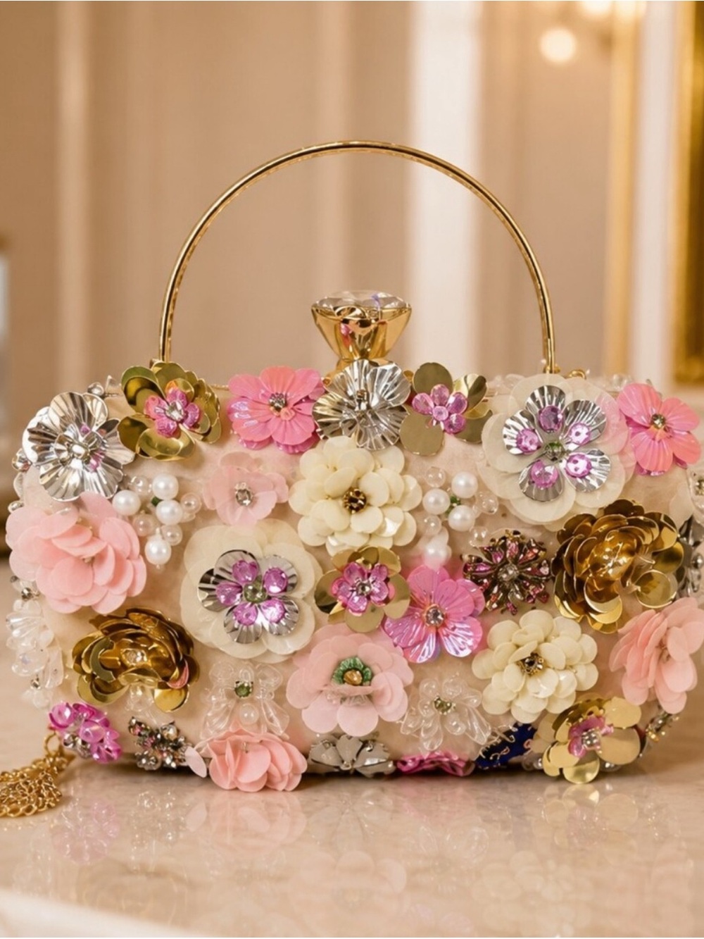 Floral Embellished Pink & Cream Evening Clutch Hangbag or Shoulder Bag NWOT